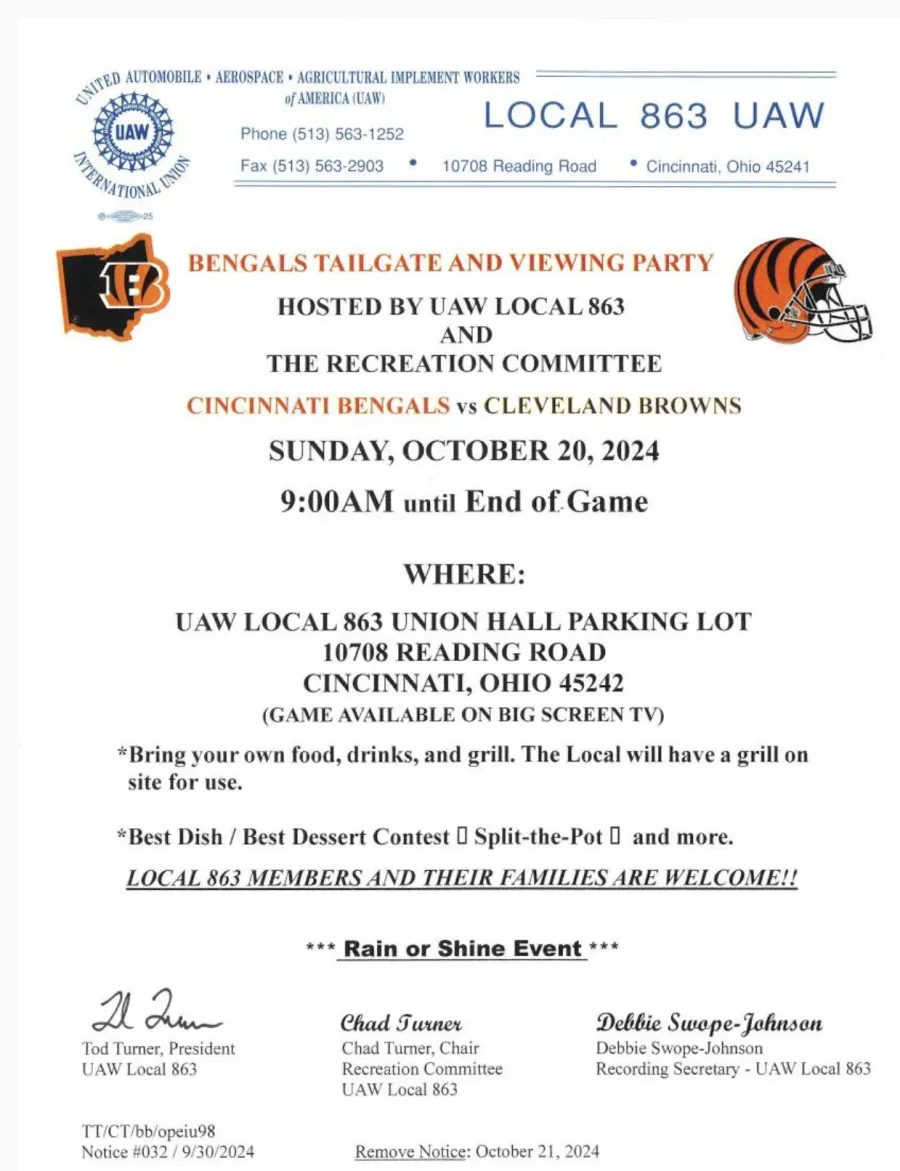 UAW Local 863 Cincinnati Bengals Tailgate Bulletin- 2024