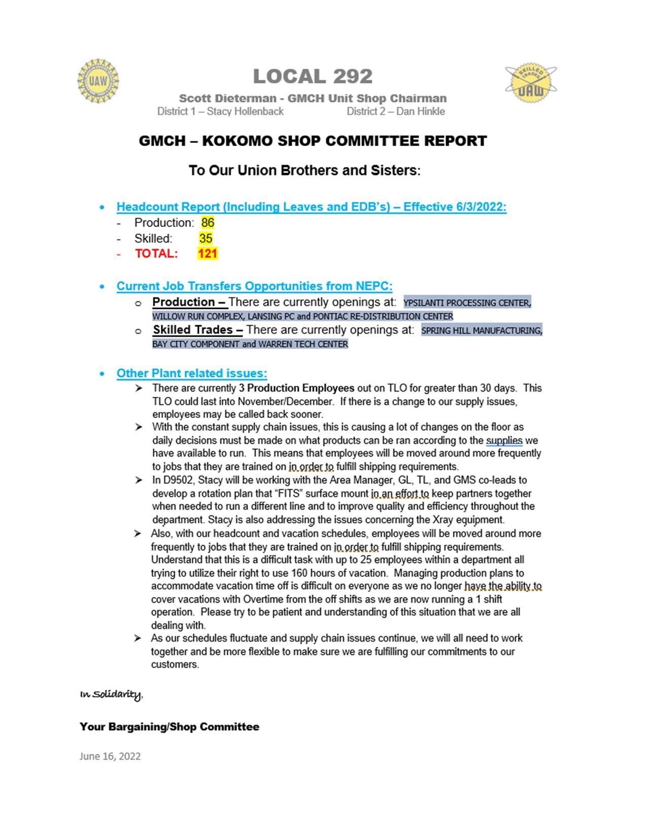 June 2022 Shop Committee Report